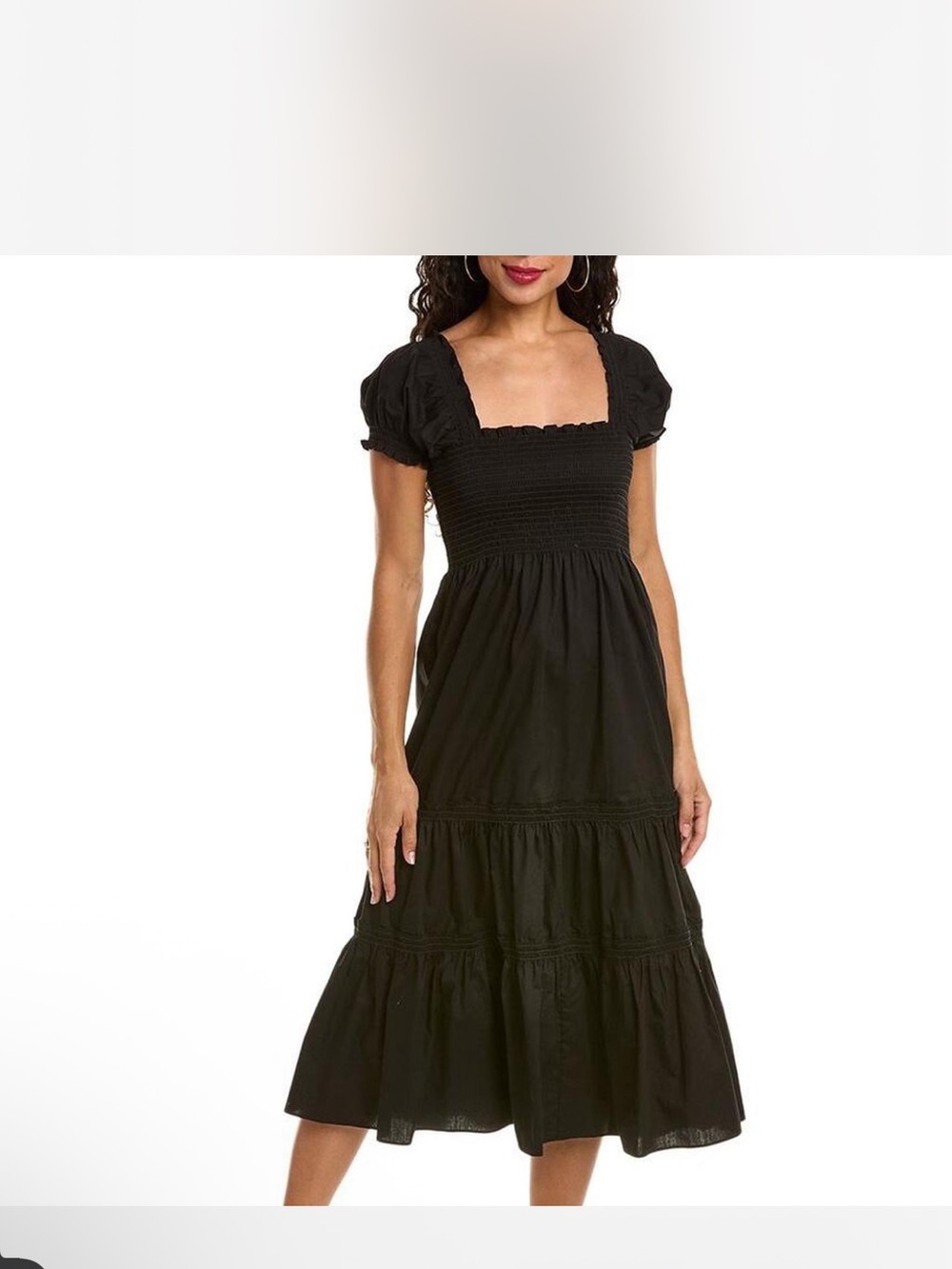 Opt Smocked Black Midi Dress with Puff Sleeves S